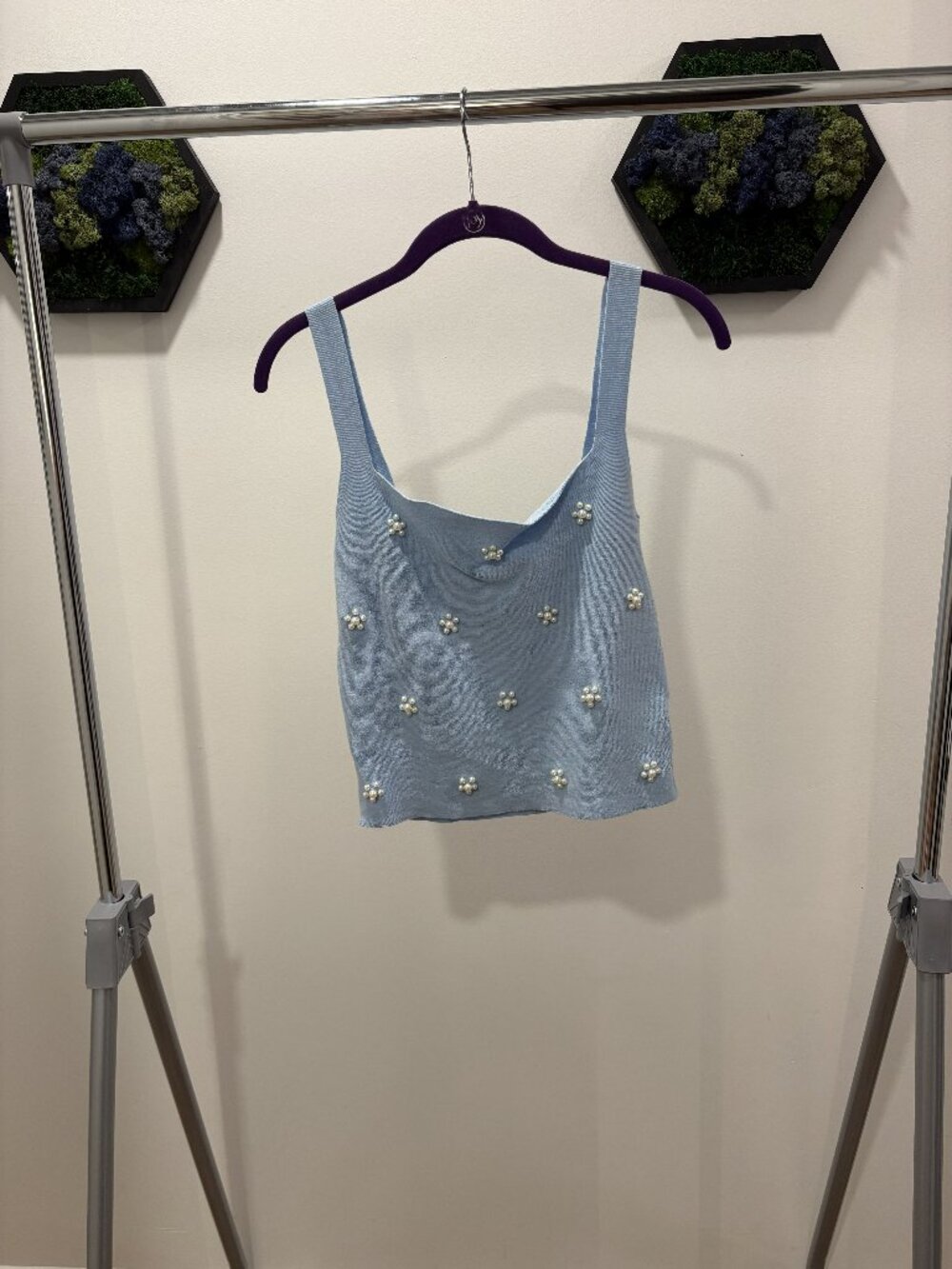Blue Tank Top with Pearl Detail